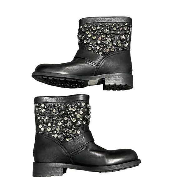 NEW Jimmy Choo Black Leather Biker Boots Gunmetal Crystal Embellished 37 / US 7 - Picture 2 of 10